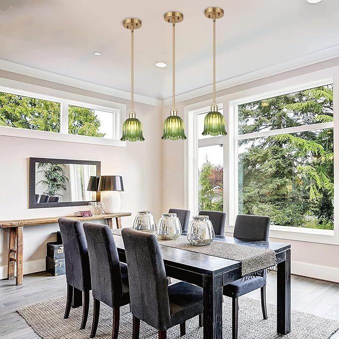 Modern Gold Pendant Light 3 Pack Brushed Brass Mid Century Chandelier Green Glass Shades Adjustable Rods Farmhouse Ceiling Hanging Lighting Fixture Kitchen Island Dining Room Bedroom