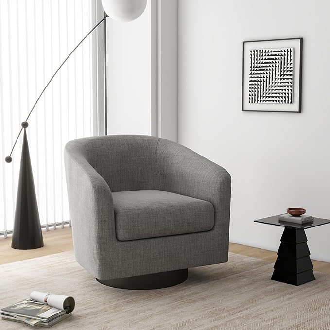 Swivel Barrel Accent Chair, Modern Round Linen Arm Chair for Living Room, Bedroom, Comfy Club Reading Chairs for Adults（Linen Fabric, Light Grey, Set of 1