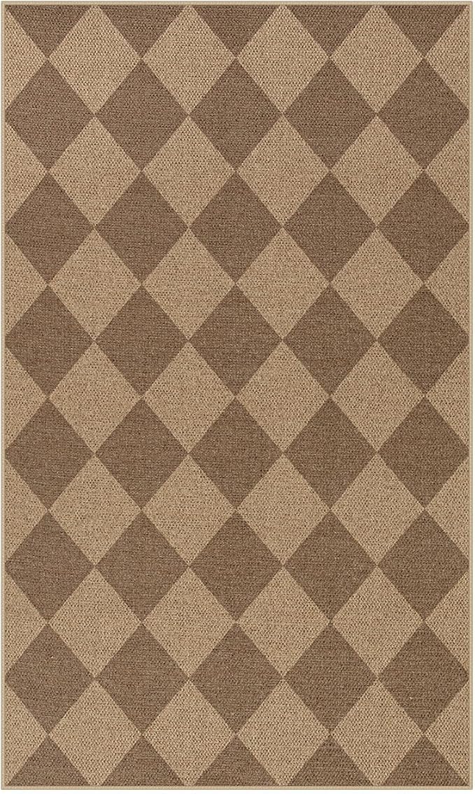 Lahome Checkered Easy Jute Indoor Outdoor Rug, 3x5 Washable Nature Rug for Entryway Living Room Indoor, Farmhouse Non Slip Checkerboard Carpet for Entry Guestroom Deck