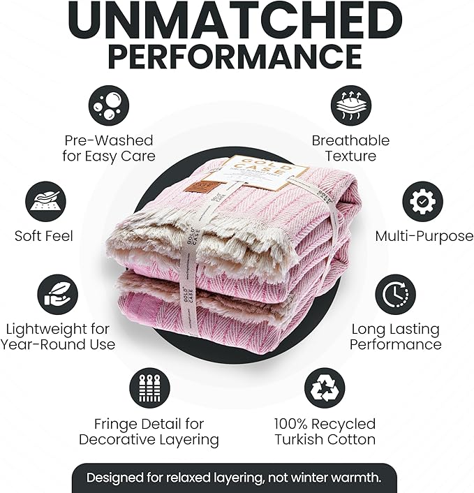 Gold Case Throw Blanket for Couch – 100% Recycled Turkish Cotton Blankets & Throws – Elegant Decorative Throw Blankets for Living Room Sofa – Woven Throws for Couch – Vintage Pink – 50x60 (Set of 2)