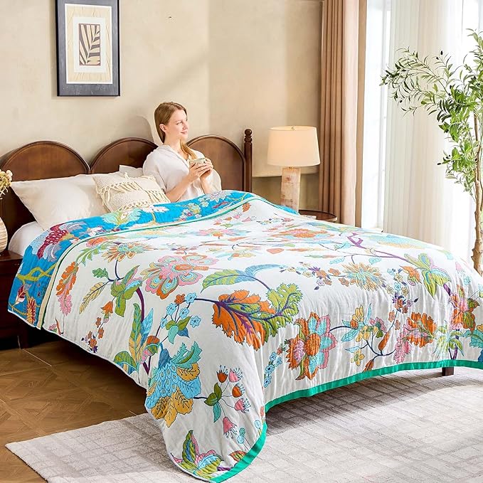 Summer Throw Blanket, 60"x80" Reversible Bohemian Flower Blanket, 100% Cotton Muslin Breathable Woven, Farmhouse Decorative Throw Blanket