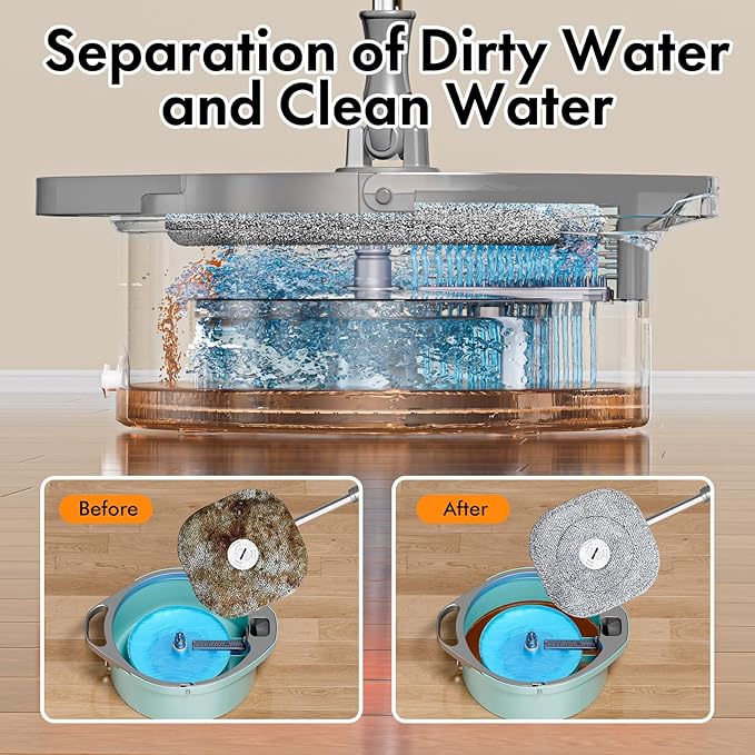 Spin Mop and Bucket with Separate Dirty and Clean Water,360° Spin Mop and Bucket System with Widening Foldable Handle,2 Replaceable Mop Pads,Square Mop for Floor Hardwood Tile Marble Wall Cleaning
