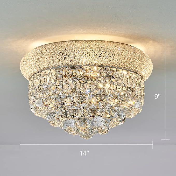 Crystal Flush Mount Chandelier Ceiling Light Fixture for Living Room Dining Room Bedroom Foyer Entryway Hallway Closet Bathroom (Chrome, 9" H x14 D)