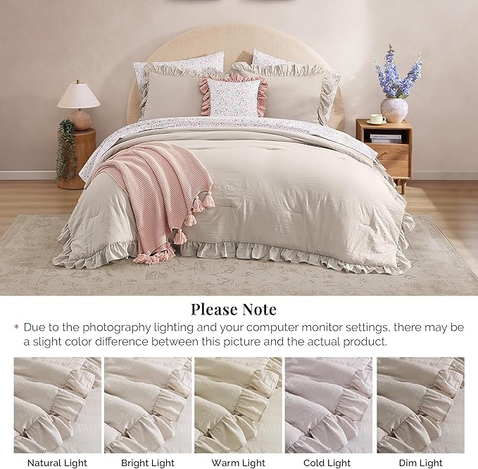 King Comforter Set - 7 Pieces Ruffle Beige Bedding Sets, Shabby Chic Farmhouse Bed in a Bag King with Ruffle Comforter, Floral Sheets, Pillowcases & Shams