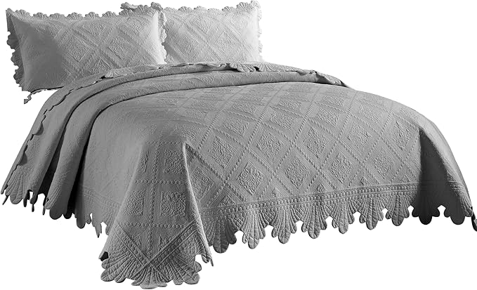 MarCielo 3-Piece 100% Cotton Oversized Bedspread Lightweight Quilt Coverlet Embroidery Farmhouse Bedding Set (Tk Light Grey, Oversized Queen (100"x106"))