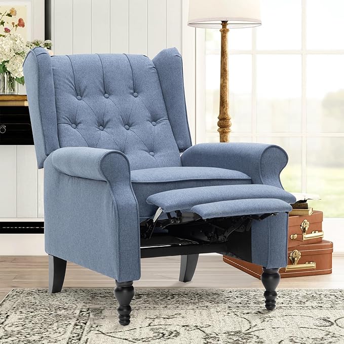 Mid Century Wingback Recliner Chair for Adults, Modern Linen Fabric Push Back Recliner Chairs with Button Tufted Upholstered Back & Footrest, Manual Recliner Chais for Living Room, Nursery, Blue