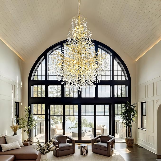 H65'' Gold Tree Branch Crystal High Ceilings Chandeliers, 27-Lights Modern K9 Crystal Staircase Chandeliers, D48'' Foyer Chandelier for High Ceiling, Luxury Large Living Room Chandelier