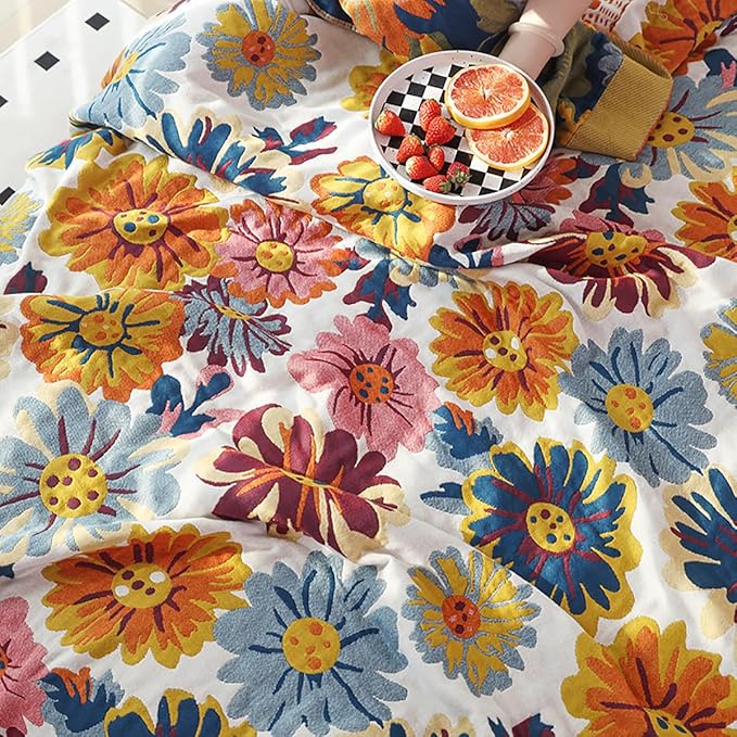Boho Muslin Blanket for Adults 4-Layer Gauze 80 x 90 Inches Soft Cozy 100% Cotton Summer Cooling Blanket Floral Decor for Sofa Bed Coverlet Both Sides (Daisy Floral, 80 x 90 in)