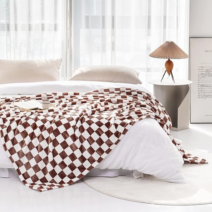 LOMAO Throw Blankets Flannel Blanket with Checkerboard Grid Pattern Soft Throw Blanket for Couch, Bed, Sofa Luxurious Warm and Cozy for All Seasons (Coffee, 50"x60")