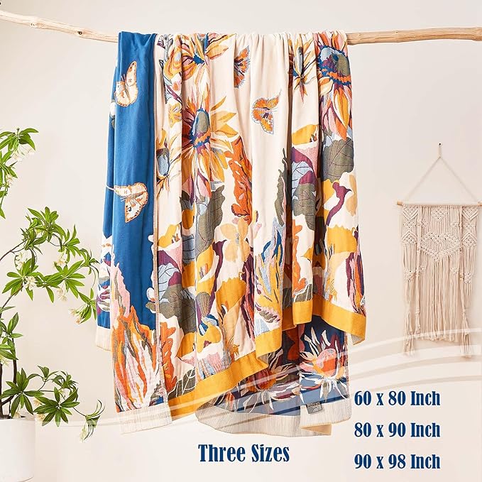 Boho Throw Blanket, 100% Cotton Ultra Soft Luxury Throw Rustic Quilt, 50"x60" Floral Bird Butterfly Farmhouse Decor Bed Blankets, All Season Rustic Reversible Bohemian Throw for Bed - Yellow