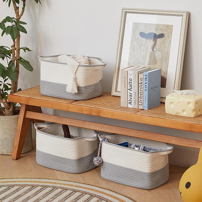 Cotton Rope Storage Basket Set of 3 (15"x10.2"x9.1") - Rectangle Storage Bins - Versatile Toy Storage Organizer - Perfect for Kids, Dog Toys, Books, Shelves - White & Grey