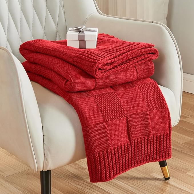 CozeCube Knit Throw Blanket,Christmas Red Checkered Bedroom Blanket for Couch,Soft Cozy Warm Knitted Blanket for Bed Sofa Living Room,Decorative Spring Fall Throw Blanket 50"X60",Christmas Red