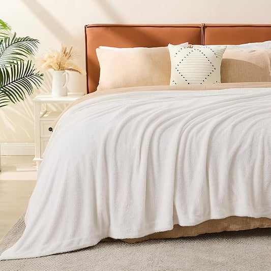 EMME Muslin and Fleece Queen Blanket Reversible - 80"*90" Cream Soft Warm Throw Blankets for Couch Bed Picnic Travel Bed