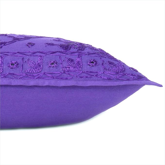 Eyes of India Embroidered Decorative Boho Throw Pillow Cover with Mirrors, Handmade Bohemian Accent Cushion Case for Sofa Couch Bedroom Living Room (Purple, 16" x 16")