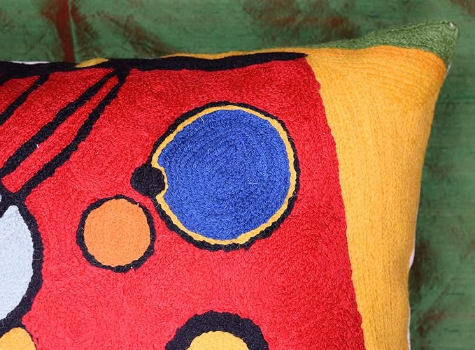 Kandinsky Contemporary Throw Pillow Cover - Heavy Red Space Modern Cushion | Abstract Throw Pillows | Contemporary Pillow | Abstract Chair Cushions | Hand Embroidered Cushion | Wool Size 18x18