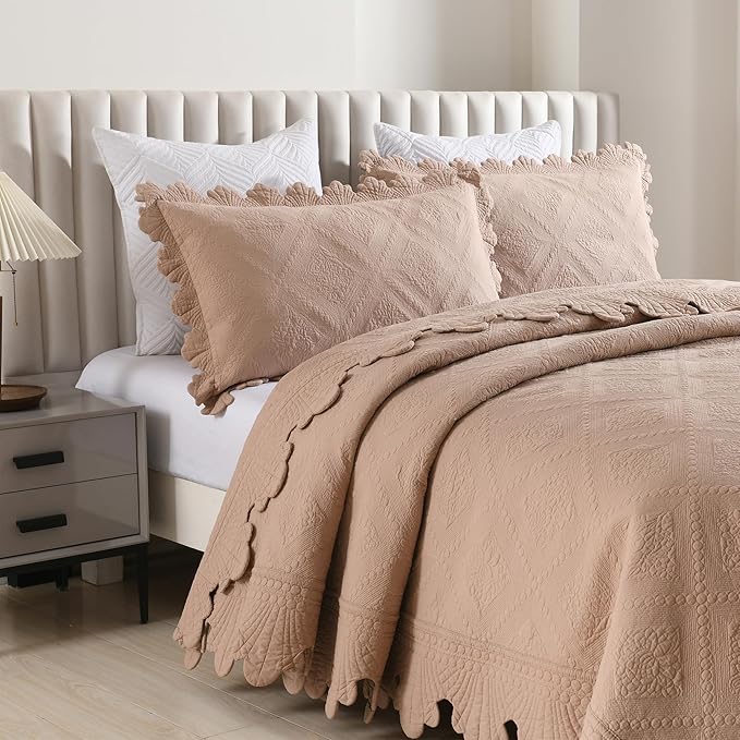 MarCielo 3-Piece 100% Cotton Oversized Bedspread Lightweight Quilt Coverlet Embroidery Farmhouse Bedding Set (TK Pale Taupe Camel, Oversized King (118"x106"))