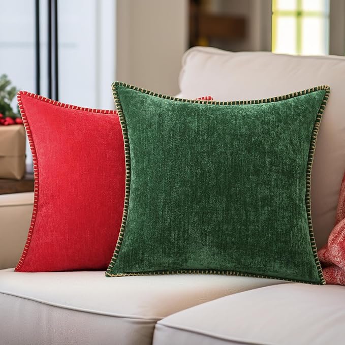 decorUhome Chenille Soft Throw Pillow Covers 18x18 Set of 2, Farmhouse Velvet Neutral Decorative Euro Pillow Covers with Stitched Edge for Couch Sofa Bed Home Decor, Red