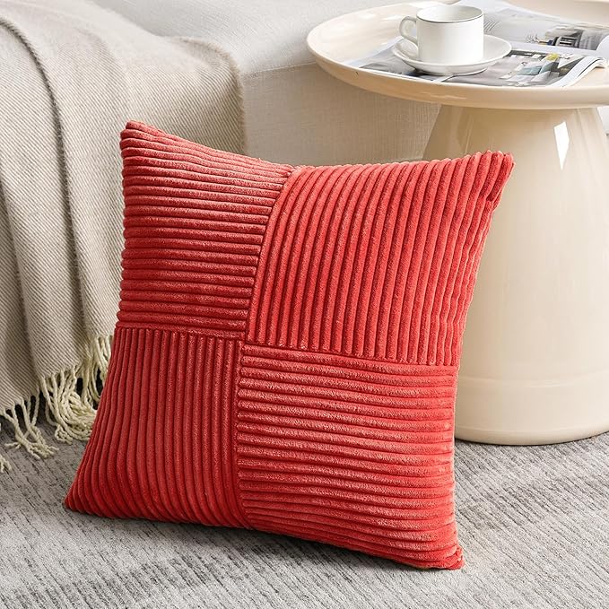 Fancy Homi 2 Packs Red Decorative Throw Pillow Covers 16x16 Inch for Living Room Couch Bed Sofa, Holiday Christmas Home Decor Gift, Soft Corss Patchwork Corduroy Textured Square Cushion Case 40x40 cm