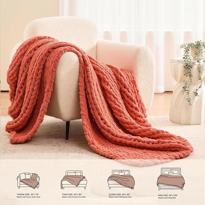 L'AGRATY Chunky Knit Blanket Throw: 50''x60'' Chenille Chunky Knitted Throw Blankets for Bed Couch - Handmade Thick Cable Knit Blanket - Large Crochet Rope Blankets for Home Decor(Coral Pink)
