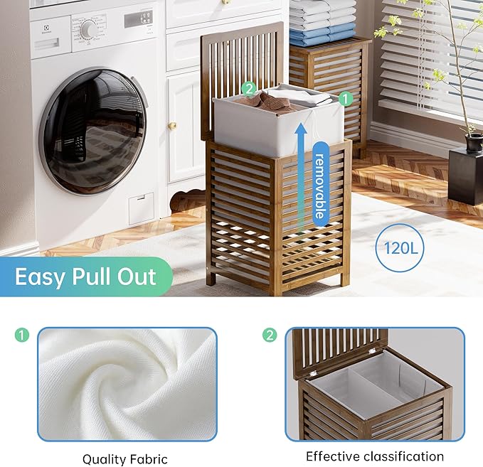 SMIBUY Double Laundry Hamper with Lid, 120L Bamboo Laundry Basket with Removable Liner Bag, 2-Section Clothes Divider Laundry Sorter for Laundry Room, Bathroom, Bedroom (Walnut)