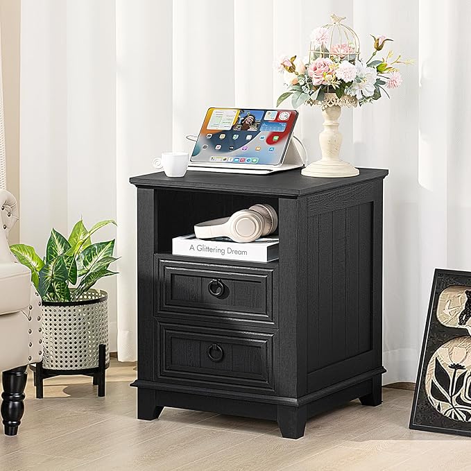 18" Night Stands Set of 2 with Charging Station, Farmhouse 2 Drawers End Table Dresser for Bedroom, Black Wooden Nightstand, Bed Side Table with Open Shelf, Bedside Cabinet for Living Room