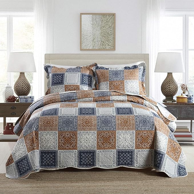 NEWLAKE Quilt Bedspread Sets-Color Block Pattern Reversible Coverlet Set,King Size