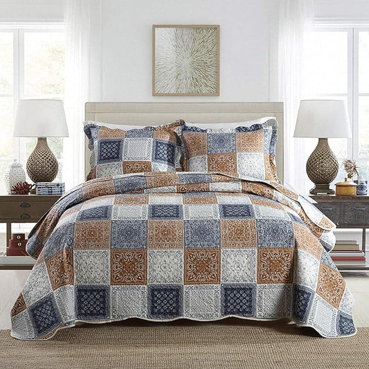NEWLAKE Quilt Bedspread Sets-Color Block Pattern Reversible Coverlet Set,King Size