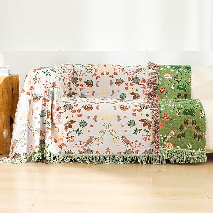 Boho Ultra Soft Throw Blanket 60''x80',100% Cotton Blankets for Couch Bed,Squirrel Farmhouse Home Decor Bed Blankets, All Season Rustic Reversible Bohemian Lightweight Throw for Bed -Light Green ﻿