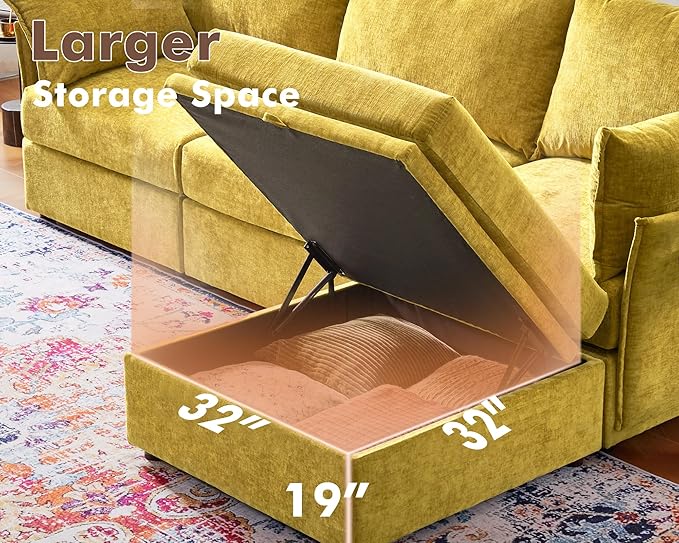 Luxury Modular Sectional Sofa, L-Shaped 3-Seat Couch with Storage Ottoman Deep Seat & Reversible Chaise Lounge Chenille Yellow for Compact Spaces, Apartments, Dorm