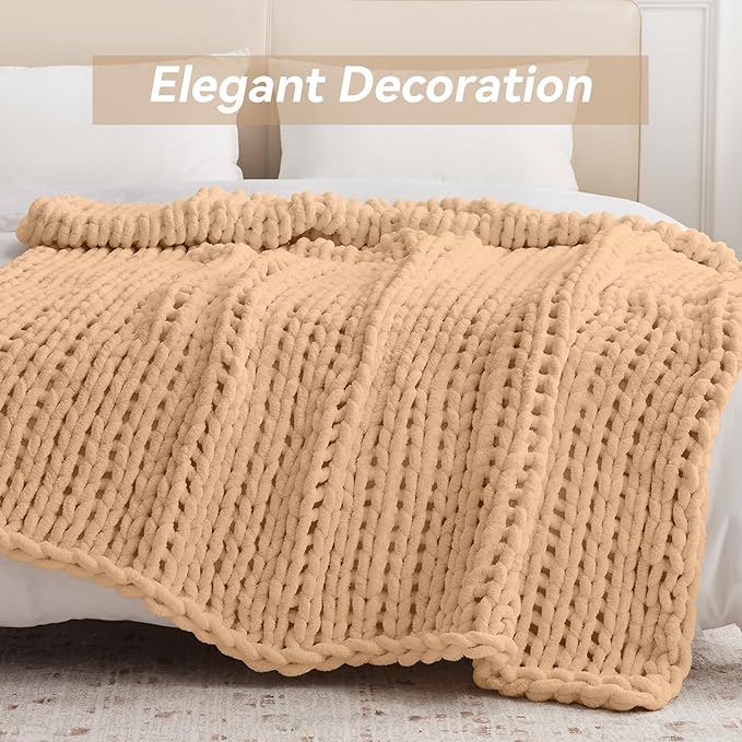 Chunky Knit Throw Blanket, 80''*90'' Knitted Throw Chenille Yarn for Bed Couch, Handmade Beige Crochet Big Thick Blanket, Machine Washable Cute Comfy Blanket for Home Decor