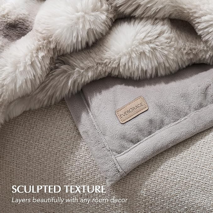 EVERGRACE Ultra Soft Luxury Fluffy Ridgeline Faux Rabbit Fur Throw Blanket, Thick Warm Bubble Throw for Bed, Cozy Plush Reversible Blankets for Couch, Chair, Sofa, Light Grey, 80x90 Inches, 870 GSM