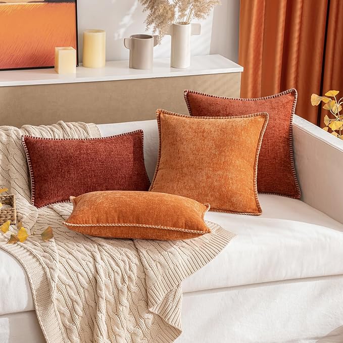 MIULEE Pack of 2 Fall Couch Throw Pillow Covers 18x18 Inch Orange Farmhouse Decorative Pillow Covers with Stitched Edge Soft Chenille Solid Dyed Pillow Covers for Sofa Bed Living Room