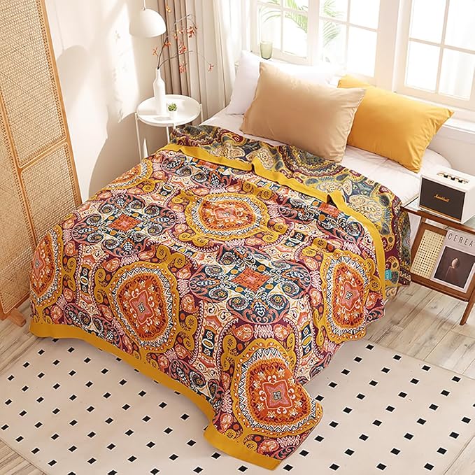Boho Muslin Blanket for Adults 4-Layer Gauze 80 x 90 Inches Soft Cozy 100% Cotton Summer Cooling Blanket Geometric Floral Decor for Sofa Bed Coverlet Both Sides (A Boho Figure Orange, 80 x 90 in)
