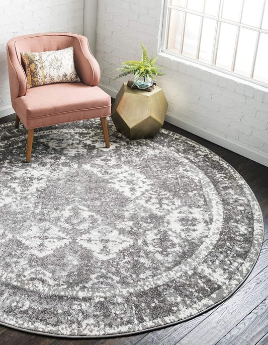 Unique Loom Rosso Collection Vintage, Traditional, Bohemian, Geometric, Distressed, Southwestern Area Rug (4' 0 x 4' 0 Round, Gray/Ivory)