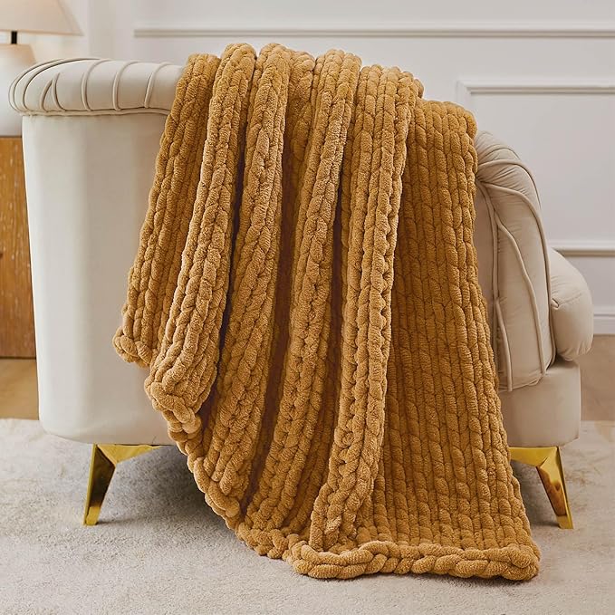 Esterra Chunky Knit Throw Blanket Newly Upgraded Heavy Tighter Version, Handmade Chenille Throw Super Soft, Thick Yarn Cable Knit Crochet Throw Blanket for Couch Bed Sofa (50"x60" Mustard Yellow)