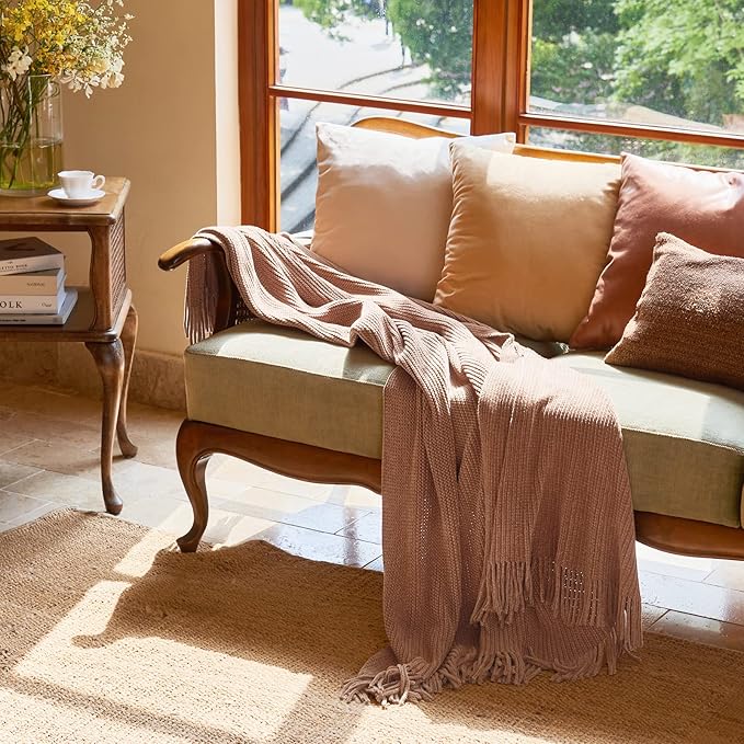 lifein Pink Throw Blanket for Couch, Soft Boho Decor Bed Throw,Cozy Chenille Knitted Small Farmhouse Lightweight Throw for Spring(Pink,50 * 60")