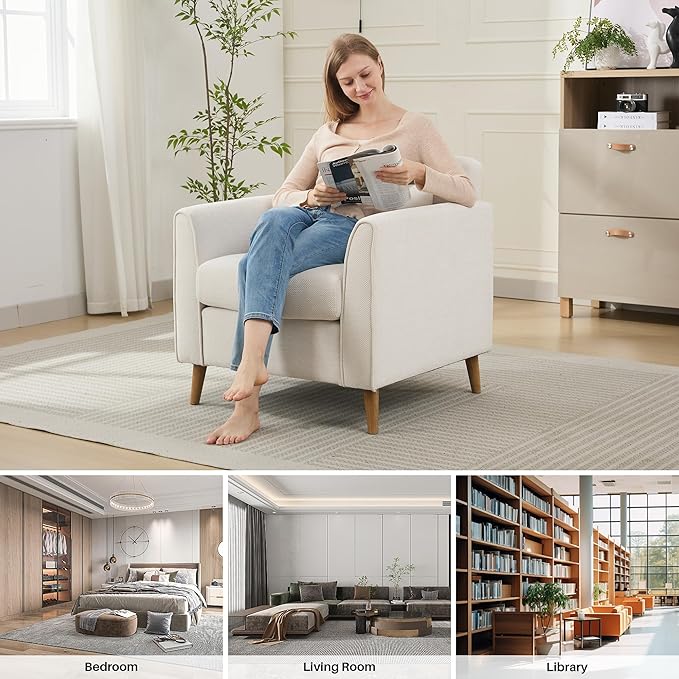 Modern Accent Chair with Wooden Legs Plush Fabric Armchair Chenille Side Single Sofa Chair for Bedroom, Office Cafe Waiting Room Apartment (Beige Armchair)