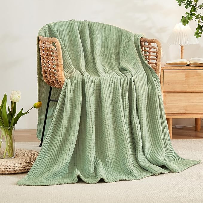 EMME Cotton Muslin Blanket King Size - Soft, Breathable Layering Blanket, 108"x90", All Season Gauze, Sage Green