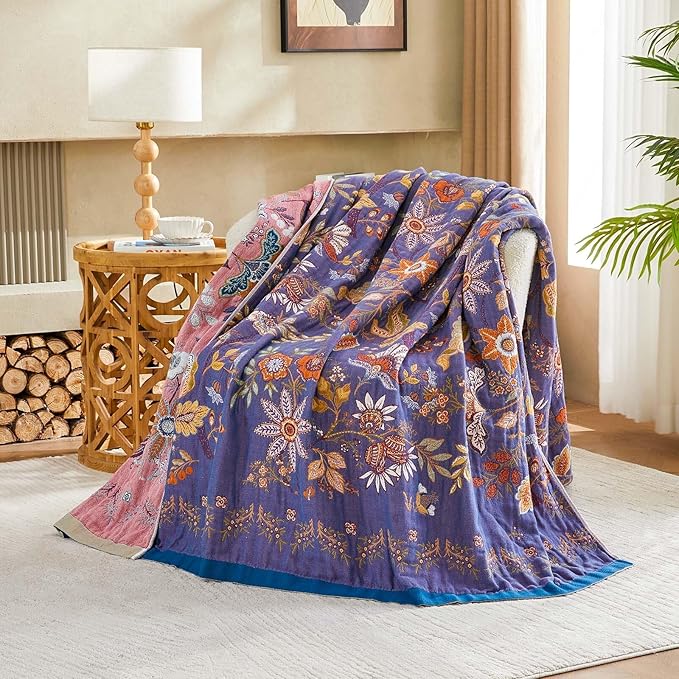 Boho Blanket, 100% Cotton Farmhouse Decorative Throw Blanket, 60"x80" Reversible Bohemian Throw Blanket, Purple All Season Muslin Breathable Woven Blankets Quilt