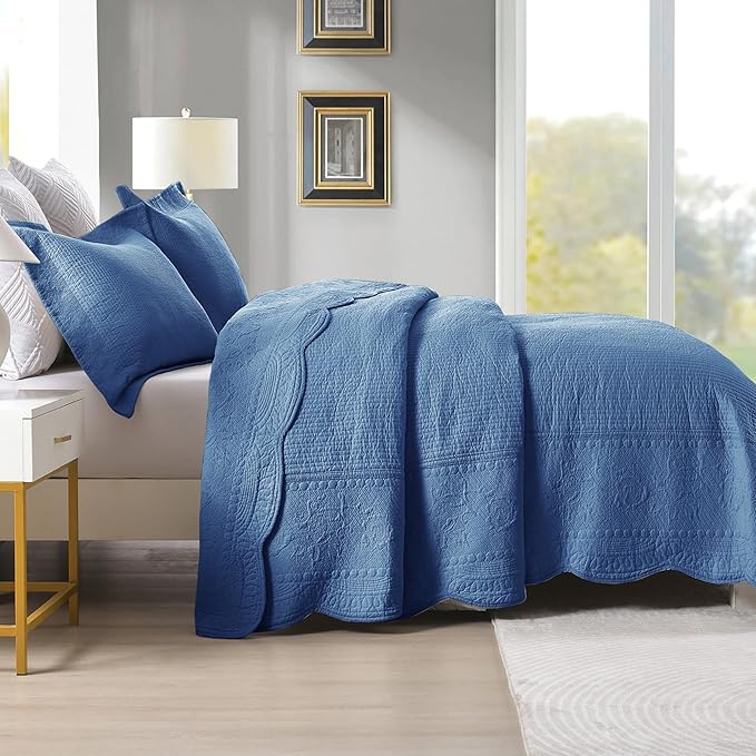 MarCielo 3-Piece 100% Cotton Oversized Bedspread Lightweight Quilt Coverlet Embroidery Farmhouse Bedding Set (TG Midtone Blue, Oversized Queen (100"x106"))