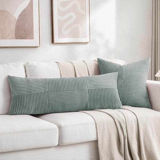 Fancy Homi 2 Packs Grey Blue Decorative Throw Pillow Covers 20x20 Inch for Couch Bed Sofa, Rustic Farmhouse Boho Home Decor, Soft Corss Corduroy Patchwork Accent Square Cushion Case 50x50 cm