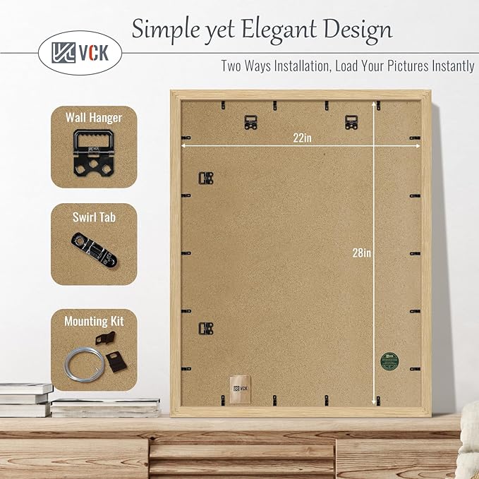 VCK 22x28 Oak Poster Frame 3 Pack, Natural Solid Wood Picture Frames, Wall Mounting Hanging