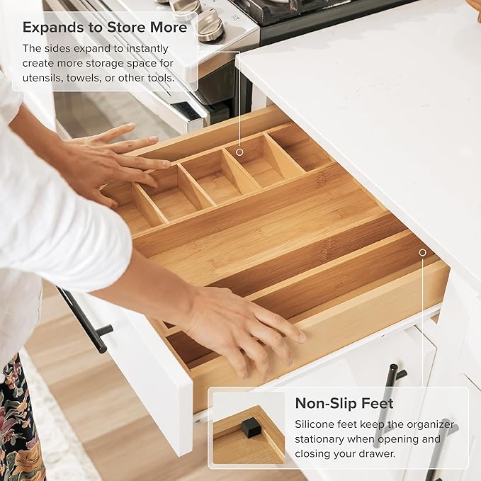 Adjustable Kitchen Drawer Organizer for Utensils and Junk, Food-Safe Contract Grade with 100% Sustainable Wood, Expandable from 10.5 to 19 Inches Wide - Natural Bamboo