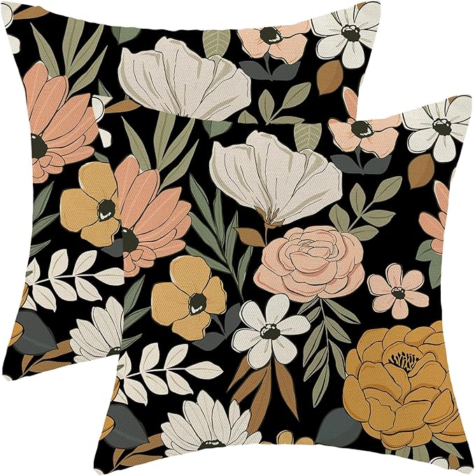 CXMEIFLY Spring Floral Pillow Covers 18 x 18 Inch Set of 2 for Vintage Pink Mustard Yellow Cream Flowers Decor Throw Pillows Plant Black Outdoor Decorative Cushion Cases for Couch Bed Decorations