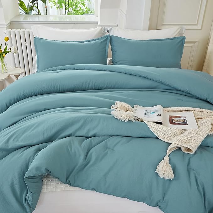 Litanika Comforters Grayish Teal Oversized Queen Size, 3 Pieces Lightweight Solid Bedding Comforter Set, All Season Fluffy Bed Set (98x98In Comforter & 2 Pillowcases)
