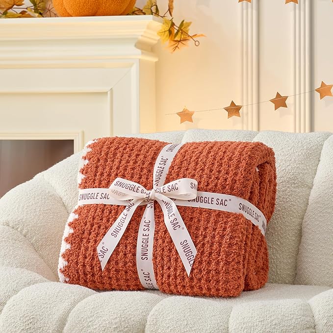 Snuggle Sac Orange Waffle Blanket for Couch Bed Sofa 60x80 inches, Reversible Soft Throw Microfiber Fluffy Fuzzy Cozy Knit Twin Blanket for Women Mothers Birthday Gifts