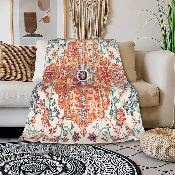 HGOD DESIGNS Carpet Pattern Throw Blanket Boho Style Ethnic Design Orange Blue Soft Blankets and Throws 40x50 Inch Caring for Women Men (100x130cm)