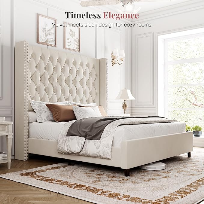 PaPaJet Queen Size Bed Frame with 61.4" Tall Headboard, Velvet Modern Upholstered Tufted Bed for Adults, Handmade Deep Button Tufting, Solid Wood Legs, No Box Spring Required, Cream