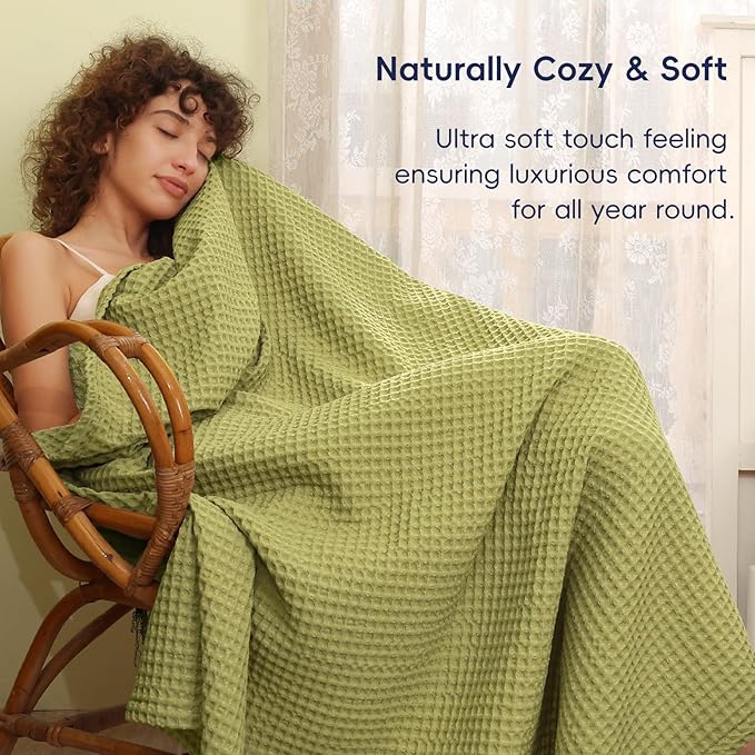 PHF Ultra Soft Waffle Weave Blanket King Size 104"x 90"- Washed Lightweight Breathable Cozy Woven Blanket for Bed - Aesthetic Decor for Couch Bedding Sofa Home Car - Olive Green