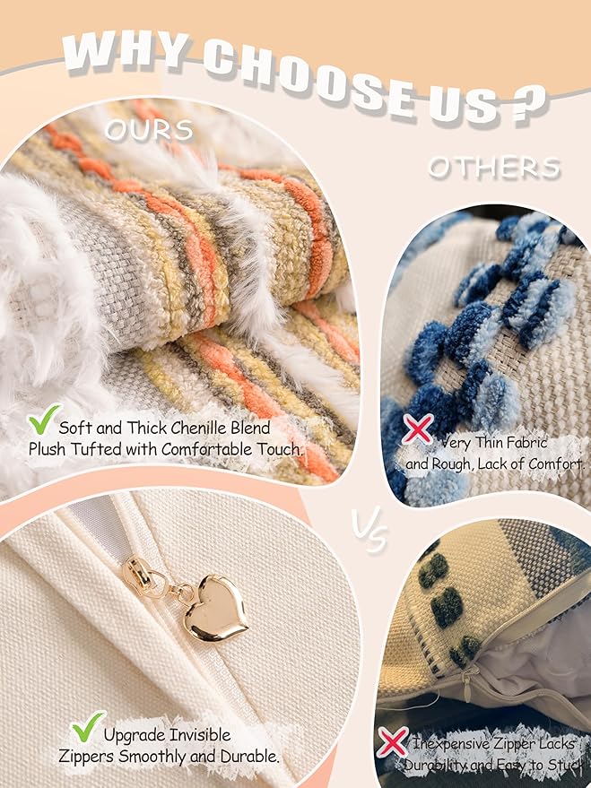 Fall Boho Chenille Tufted Throw Pillow Covers 18x18 Inch Set of 2 Farmhouse Striped Couch Decorative Pillow Covers Accent Neutral Pillowcase Yellow Orange Cushion Cover for Livingroom Sofa Bed